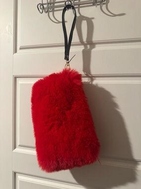 Plush Red Faux Fur Wristlet Clutch with Detachable Strap - NWT